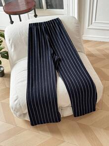 GlowEve CURVE Plus Size Women Casual Striped Loose Commuter Pants, Versatile For Daily Wear - Navy Blue - View 2