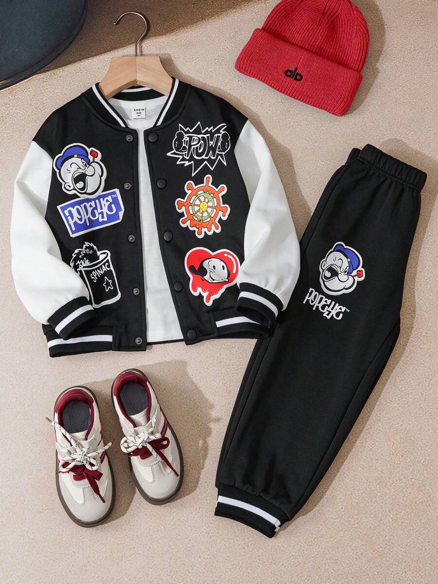 Popeye X SHEIN Set de 2 piezas: Chaqueta de béisbol holgada con estampado de insignia vintage y pantalón de chándal para niño pequeño, para otoño/invierno - Blanco y Negro - Ver 1
