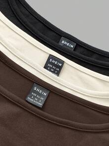 SHEIN EZwear 3件套女士休闲宽领修身长袖T恤套装，秋冬款 - 彩色 - 查看 8