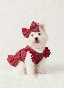 PETSIN 1PC Pet Cat Dog Universal Christmas Red Classic Checkered Cute Little Flying Sleeve Bow Decoration Dog Dress - Multicolor - View 3