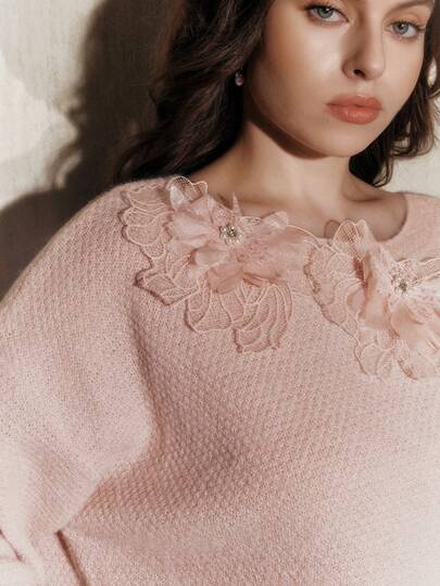 Anewsta Plus Size Women's High-Quality Hollow-Out Handmade 3D Floral Long Sleeve Sweater, Elegant & Youthful, Suitable For Autumn/Winter