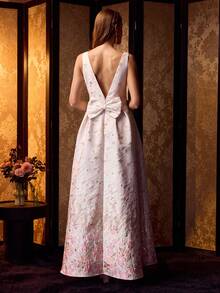 MOTF Soiréza WOMEN'S SLEEVELESS PLUNGING V-NECK FLOOR-LENGTH PARTY GOWN WITH BACK BOWKNOT – VIBRANT GRADIENT FLORAL WOVEN JACQUARD, FORM-FITTING SILHOUETTE FOR FORMAL PARTIES & WEDDINGS