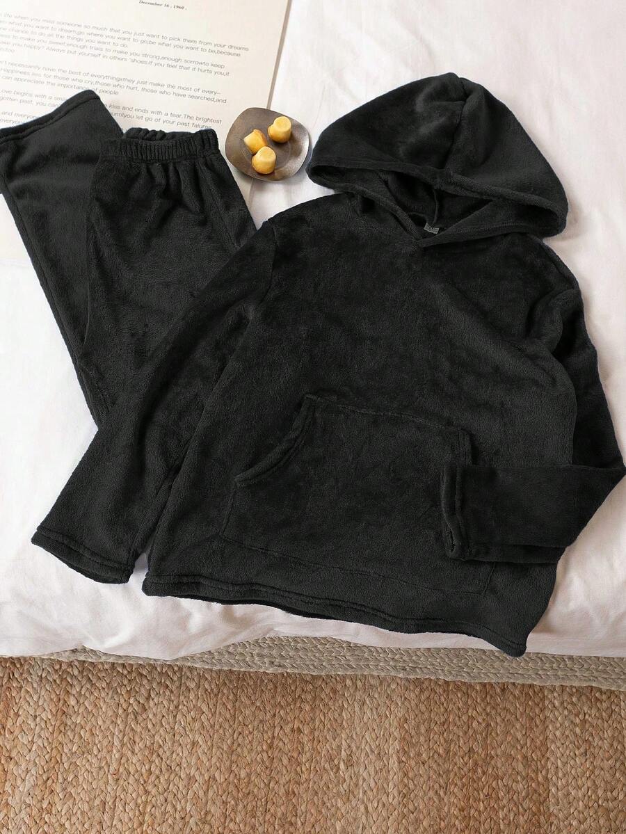 SHEIN 2件套青少年男童简约纯色抓绒连帽衫和长裤舒适家居服套装,藏蓝色 - 黑色 - 查看 1