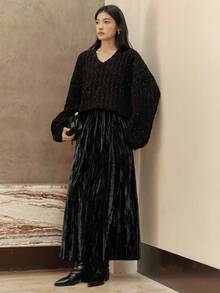 Dazy-Less 女士优雅丝绒半身裙，秋冬商务休闲女装 - 黑色 - 查看 3