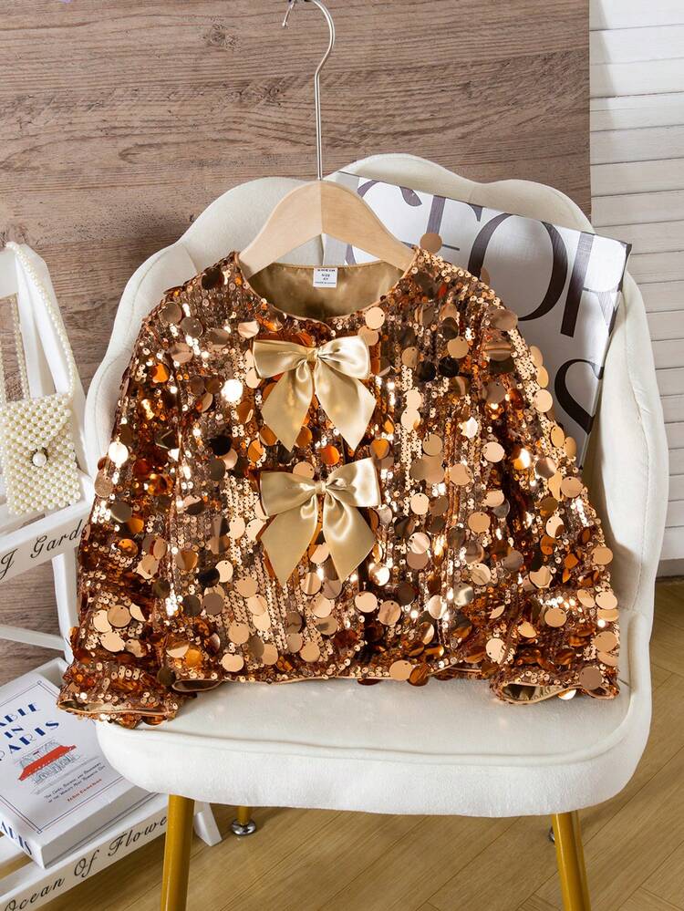 Elladie kids جاكيت أنيقة للفتيات مزينة بالفيونكة والترتر ذات رقبة دائرية وأكمام طويلة - الذهبي - مشاهدة 1