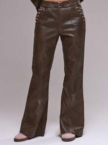 MUSERA PU Low Rise Contrast Stitch Wide Leg Trousers  Cute Casual Cosy Cherry Lacquer Summer - Coffee Brown - View 5
