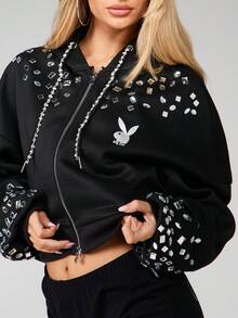 Missguided x Playboy 镶钻全拉链连帽衫，带抽绳和兔子标志，女款 - 黑色 - 查看 4