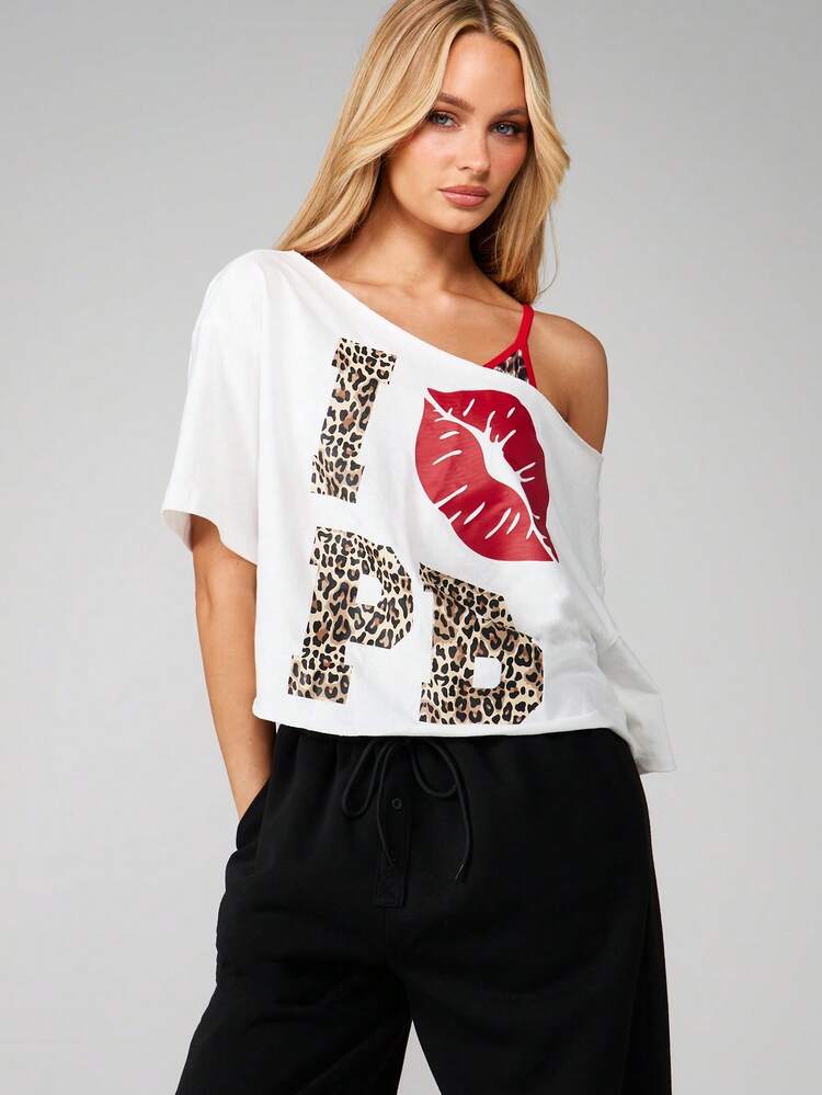 Missguided x Playboy Off Shoulder Leopard Print Kiss Lips T-Shirt With Love Graphic