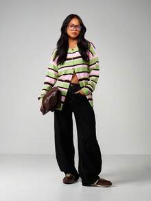 MISSGUIDED 超大款条纹纽扣开衫，罗纹袖口和下摆，适合叠穿 - 彩色 - 查看 3