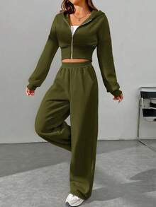 SHEIN EZwear 2件組女款休閒軍綠色拉鍊連帽外套與長褲套裝，冬季穿搭，秋季女裝，女款冬季兩件式套裝 - 軍綠色 - 查看 5