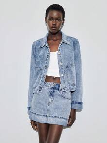 Maija 女士长袖单排扣口袋牛仔外套和牛仔迷你裙休闲套装，都市通勤商务休闲装 - 中等水洗藍 - 查看 7