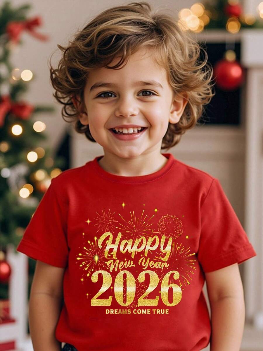 SHEIN 2026新年快乐烟花数字印花圆领短袖T恤,适合年轻男孩,时尚舒适,适合圣诞节、新年派对等场合。 - 紅色 - 查看 1