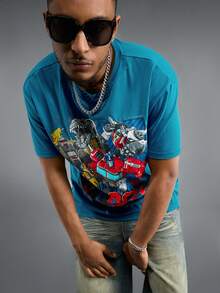 Transformers X SHEIN 1pc Men's Casual Fashion Street Daily Commute Cartoon Robot & Letter Graphic Loose Fit T-Shirt, Summer - Blue - View 5