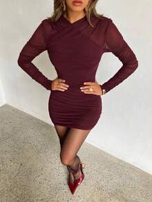 Aloruh 女士酒红色褶皱修身时尚长袖秋季连衣裙 - 酒紅色 - 查看 5