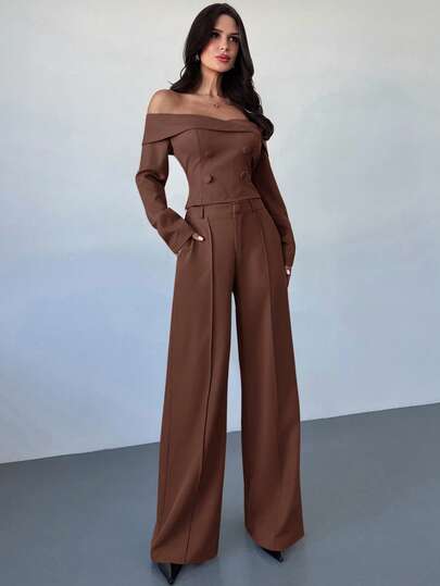 Firerie 女士纯色露肩纽扣设计长袖上衣和阔腿裤时尚两件套