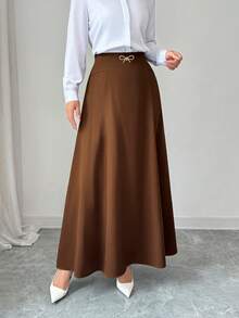SHEIN Elenzya Váy dài chữ A xòe cạp cao thiết kế cổ điển kiểu Pháp dành cho người đi làm ngày Độc lập, trang trí kim loại hình chữ V xẻ eo, ôm sát, thích hợp mặc hàng ngày vào mùa thu - màu nâu - Xem 7