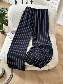 GlowEve CURVE Plus Size Women Casual Striped Loose Commuter Pants, Versatile For Daily Wear - Navy Blue - View 4