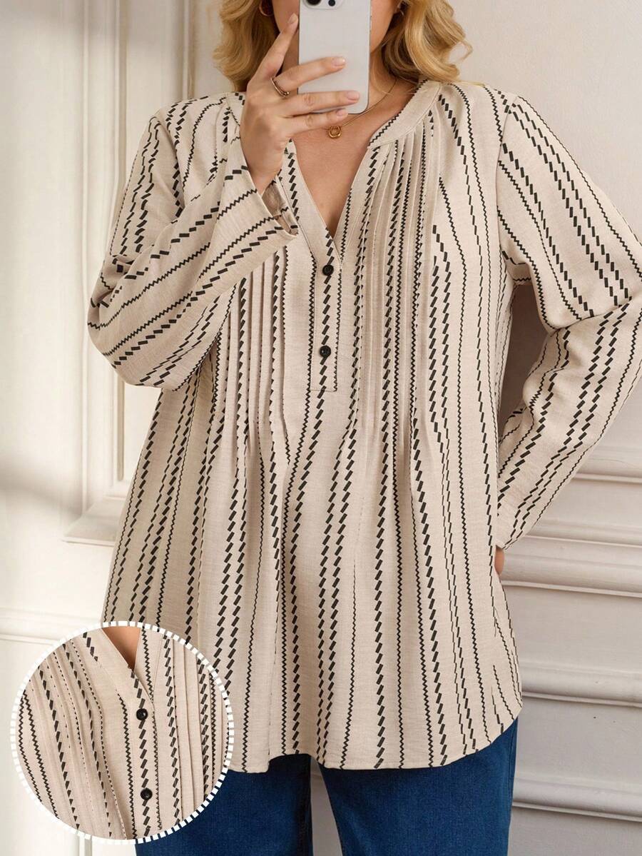 EMERY ROSE Áo sơ mi cổ khoét sọc thường ngày cỡ lớn, mùa thu - Màu be - Xem 1