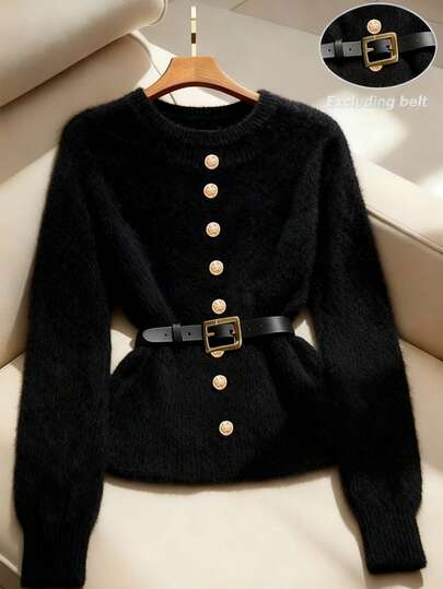 Franclia Plus Size Women Solid Color Round Neck Long Sleeve Metal Button Design Casual Pullover Sweater, Autumn/Winter