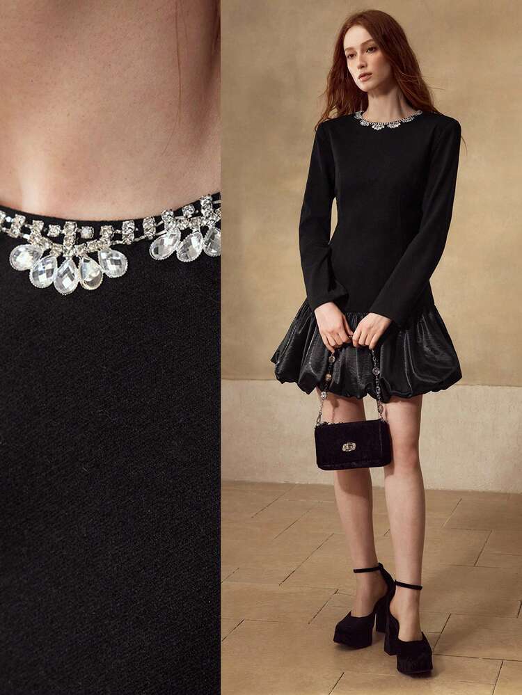 RHINESTONE DETAIL PUFFBALL HEM DRESS