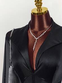 Amplova Vestido sexy plus size feminino com gola, detalhes em tule, mangas compridas e franzidos. - Preto - Ver 5
