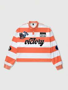 ROMWE MEN Prep Herren Polo-Kragen Langarm Lässig Sweatshirt mit Buchstaben- und Streifenprint