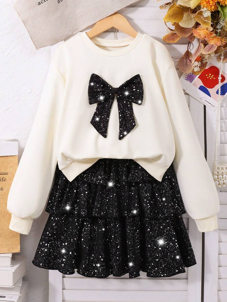 SHEIN 2件套少女休闲印花T恤和印花长裤，含购物袋，时尚少女套装 - 彩色 - 查看 1