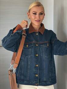 Vivie Lora Women's Denim Lapel Patchwork Loose Denim Jacket Long Sleeve Tops - Blue - View 7