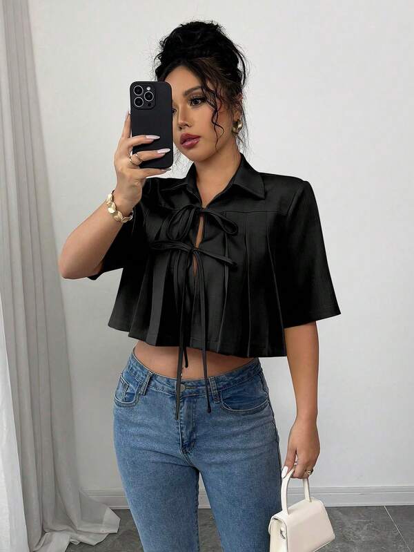 Selianne Blusa elegante de unicolor con pliegues y lazo en el bajo