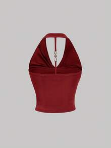 SHEIN MOD 3件套女士纯色垂褶领时尚吊带衫 - 紅色和黑色 - 查看 7