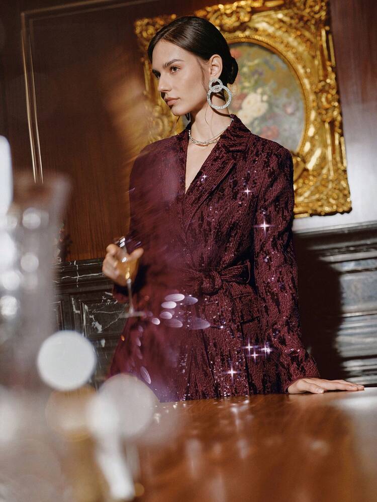 Blazer con cintura in vita con paillettes rosso borgogna, elegante per occasioni formali come lavoro, feste, Capodanno, matrimoni, adatto per autunno e inverno