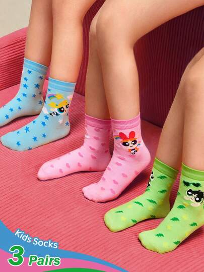 THE POWERPUFF GIRLS X SHEIN 3 Pairs Girls Cotton Soft & Breathable Moisture-Wicking Toddlers & Kids Mid-Calf Socks Colorful Cute Cartoon Crew Socks Reinforced Toe & Heel For Durability All Seasons All-Match School & Outdoor Summer Winter,Gift Ideas