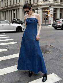 K-Vae 女士秋冬派对连衣裙牛仔抹胸连衣裙优雅收腰派对礼服新年装 - 中等水洗藍 - 查看 5