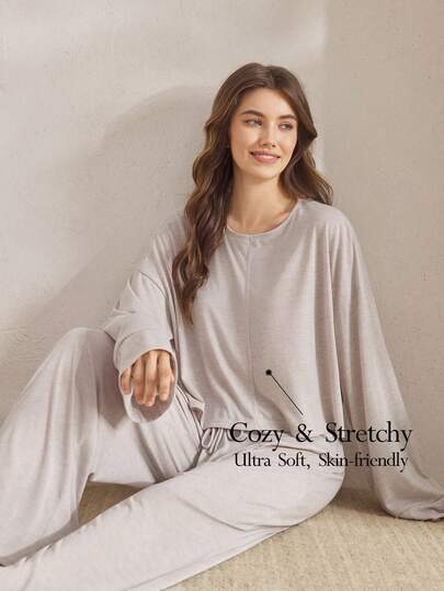 Ocili 2 piezas Conjunto de pantalón y top de manga larga de punto de bambú suave y cómodo para mujer, conjunto de ropa de estar en casa de verano de manga larga, suave y holgado, ropa de invierno