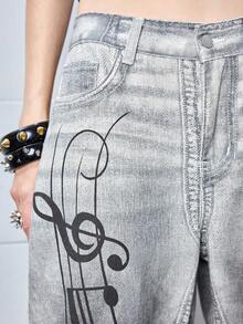 ROMWE Avant Y3K 复古做旧低腰灰色牛仔裤，女款，韩流风格，带音符印花 - 灰色 - 查看 4