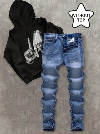 青少年男孩 Bolty 时尚休闲 Y2k 复古酷炫街头蓝色弹力牛仔裤，适合日常穿着、秋冬季节、锐舞音乐节和街头服饰