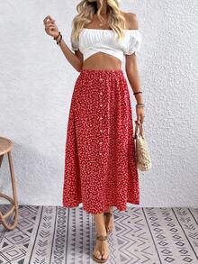 Breezaya Women's Ditsy Floral Elastic Waist Button Design Casual Midi Skirt - Red - View 5