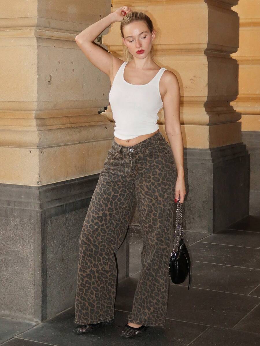Turnttoni Quần Jeans Denim Họa Tiết Da Báo Cổ Điển Thường Ngày - Nhiều màu - Xem 1