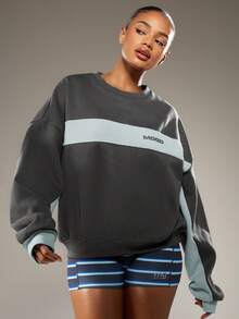 MISSGUIDED Áo nỉ cổ tròn màu khối cỡ lớn có logo thương hiệu, áo chui đầu thường ngày mặc ở nhà thoải mái mùa thu đông - Màu xám đen - Xem 4