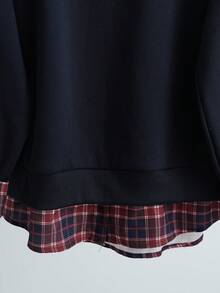 Franclia Retro Casual Autumn And Winter Plaid Patchwork Faux Two-Piece POLO Collar Loose Slimming Navy Blue Winter Women's Clothing Thick Sweatshirt Christmas Pullover Women's Thanksgiving Sweatshirt Women's Winter Sweatshirt Women's Sweatshirt