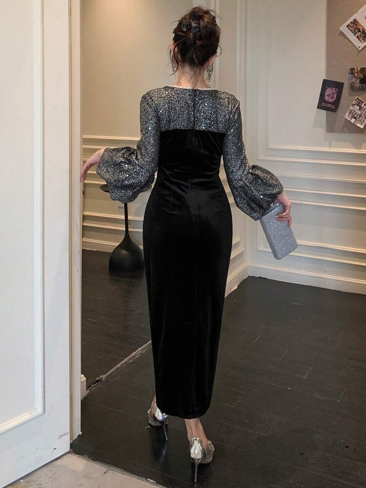 Elegant Velvet Sequin Long Dress, High-End Elegant Dress For Women