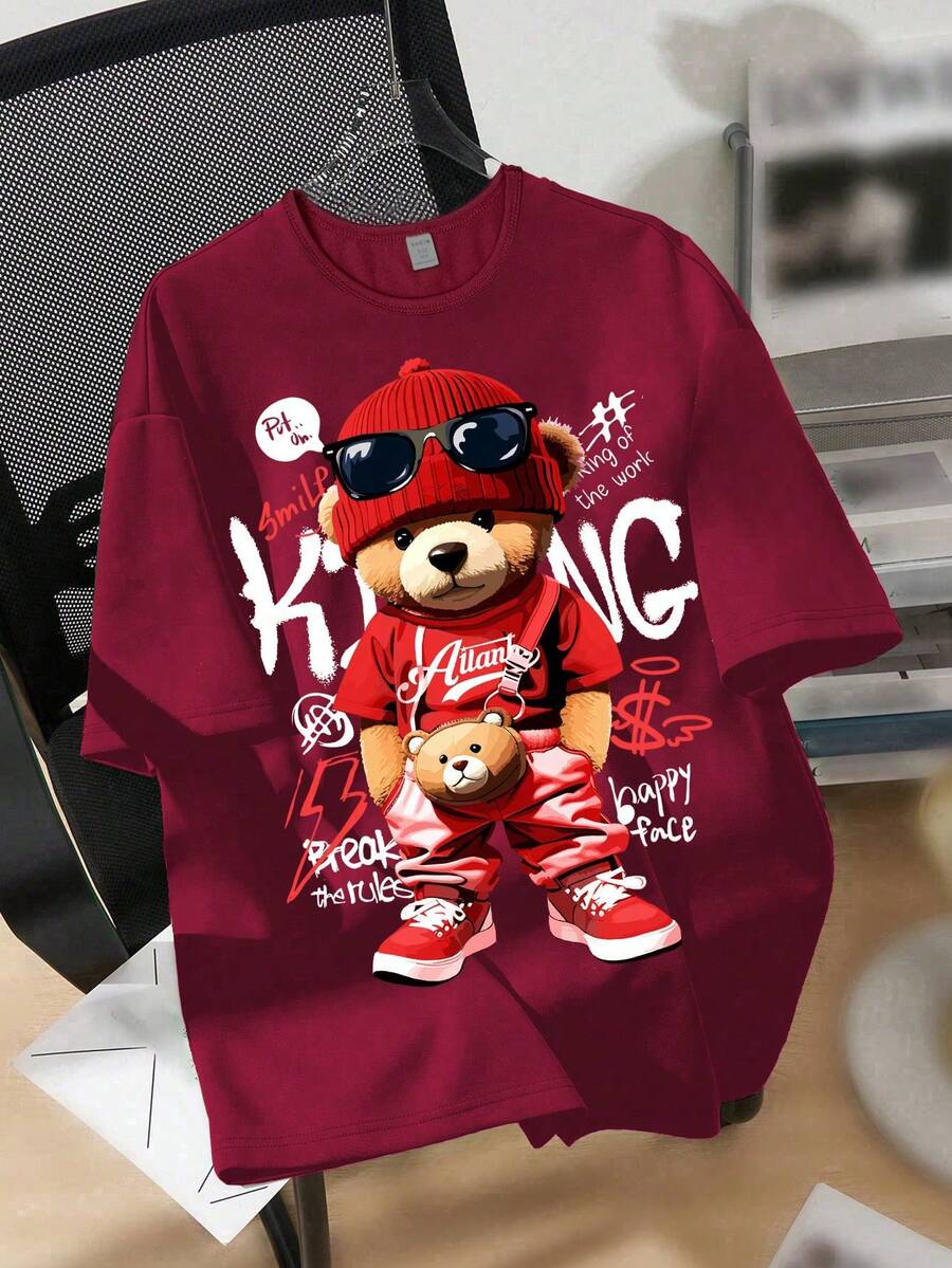 SHEIN Tween Boys' Casual Simple Round Neck Short Sleeve T-Shirts, Suitable For Summer - Red - View 1