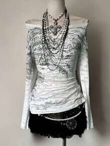 Glimmora Women's Y2K Punk Romantic Vine Print Off-The-Shoulder Fitted T-Shirt, Holiday Gift, Fashion , Grunge, Gothic, Sister Gift, Family Gift, Halloween - Multicolor - View 3