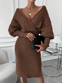 EMERY ROSE Batwing Sleeve Split Hem Wrap Sweater Dress Knitted Co Ord Setknitted Two Pieces Outfitsweater Skirt Setsweater Two Pieces Setwinter Two Pieces Set - Rust Brown - View 6