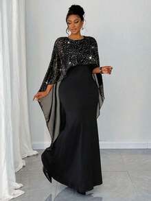 Maweii 大码优雅女式网眼亮片拼接圆领修身休闲连衣裙 - 黑色 - 查看 4