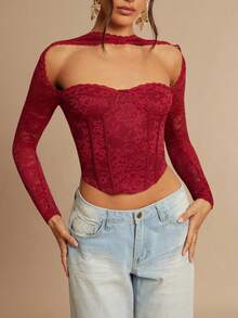 Silquee Elegant Solid Red Lace Trim Fitted Top, Sexy Custom Lingerie Top For Women, Women's Lace-Trimmed Long-Sleeved Top, Music Holiday Bra Top, Concert Attire, Suitable For Everyday Dates, Evening Outings, Nightclubs, Parties, Gatherings, Cocktail Parties, Back-To-School Season Attire, School Uniform, Holiday Clothing, And Office Commuting Clothing.