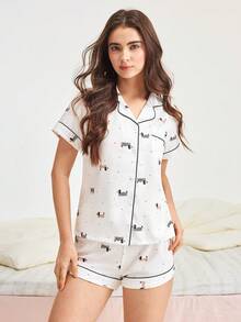 Bonmuse 2pcs/Set Print Women Pajama Set, Lightweight Bubble Crepe Short Sleeve Collared Cardigan Top And Loose Shorts, Casual Sleepwear And Loungewear Set, Suitable For All Seasonsfor Summer - White - View 1