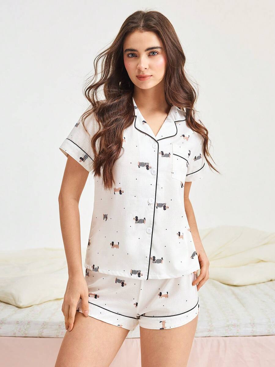 Bonmuse 2pcs/Set Print Women Pajama Set, Lightweight Bubble Crepe Short Sleeve Collared Cardigan Top And Loose Shorts, Casual Sleepwear And Loungewear Set, Suitable For All Seasonsfor Summer - White - View 1
