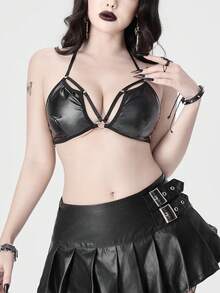 ROMWE Women's Gothic PU Metal Buckle Bra - Black - View 2