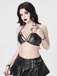 ROMWE Women's Gothic PU Metal Buckle Bra - Black - View 4